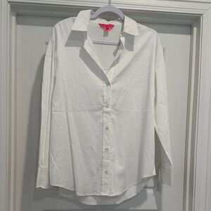 Lilly Pulitzer White Button-Down Shirt with Pink Logo Tag